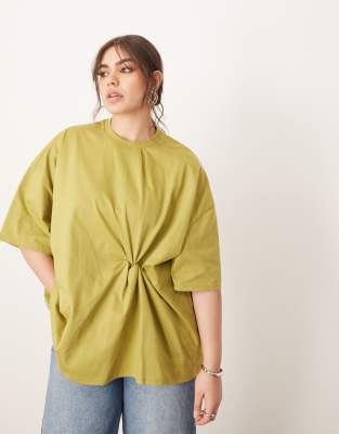 ARRANGE Curve - T-shirt oversize in jersey color oliva con dettaglio annodato