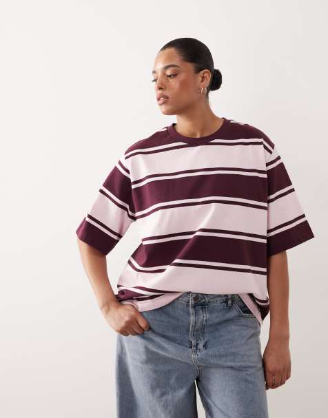 ARRANGE Curve - T-shirt oversize premium pesante a righe rosa e bordeaux - view 1
