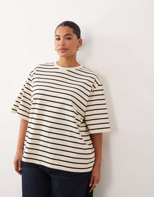 ARRANGE Curve - T-shirt premium oversize in tessuto pesante color crema a righe