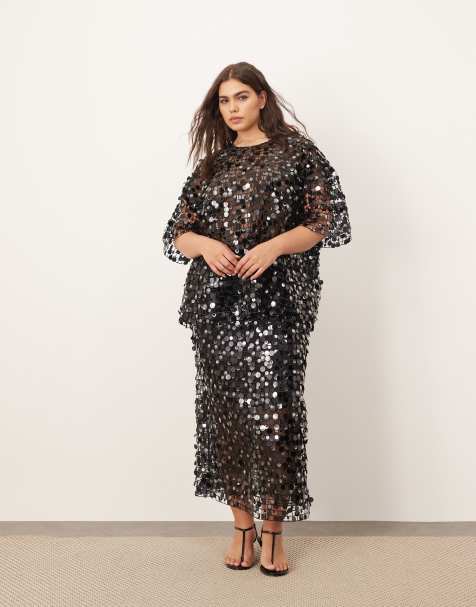 ARRANGE Curve – T-Shirt und Maxirock in transparentem Schwarz mit Pailletten-Gitterstruktur - view 1