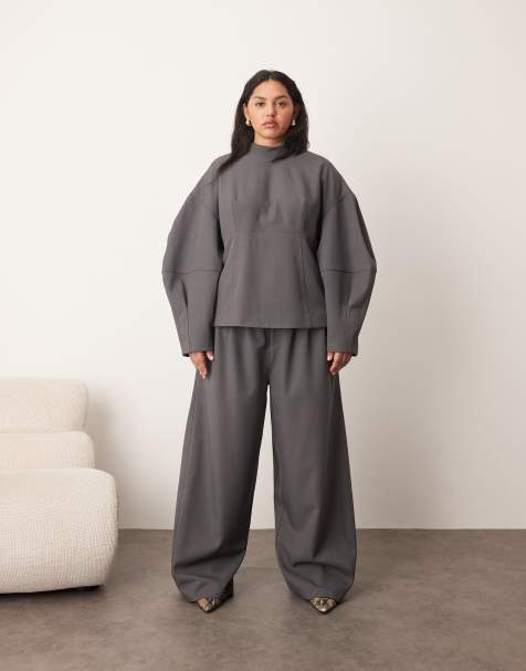 ARRANGE Curve tailored pleated detail wide leg barrel co-ord trouser in grey - view 1