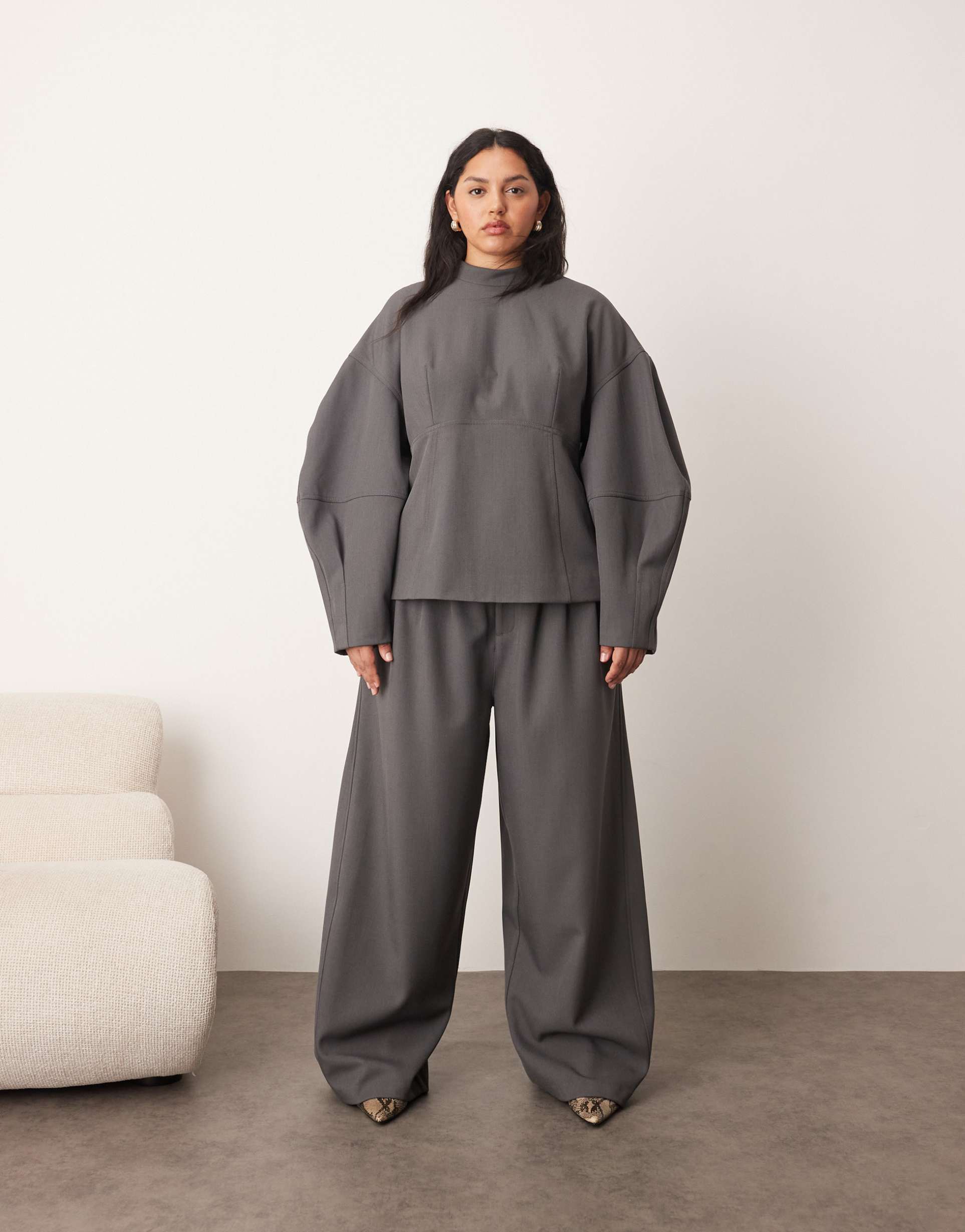 arrange curve tailored pleated detail wide leg barrel pants in gray - part of a set