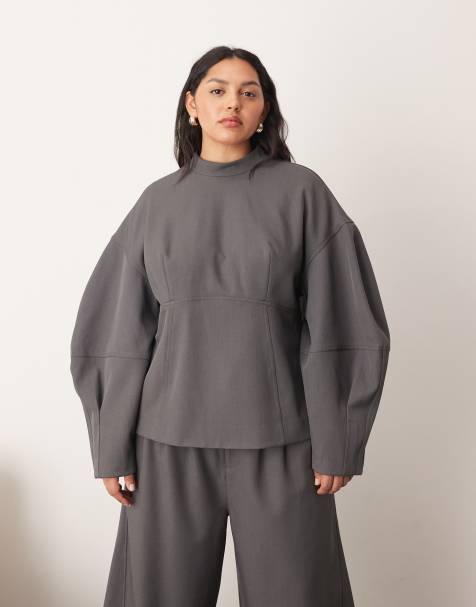 ARRANGE Curve tailored seam detail sculpted co-ord top with ovoid sleeve in grey - view 1