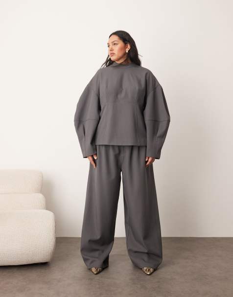ARRANGE Curve tailored seam detail sculpted top with ovoid sleeve and pleated detail wide leg barrel trouser in grey - view 1