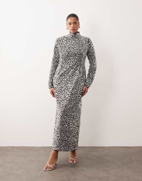 ARRANGE Curve textural sequin high neck long sleeve maxi dress in black