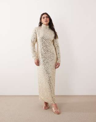 ARRANGE Curve textural sequin high neck long sleeve maxi dress in buttermilk