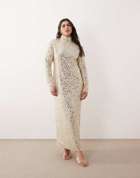 ARRANGE Curve textural sequin high neck long sleeve maxi dress in buttermilk - view 1