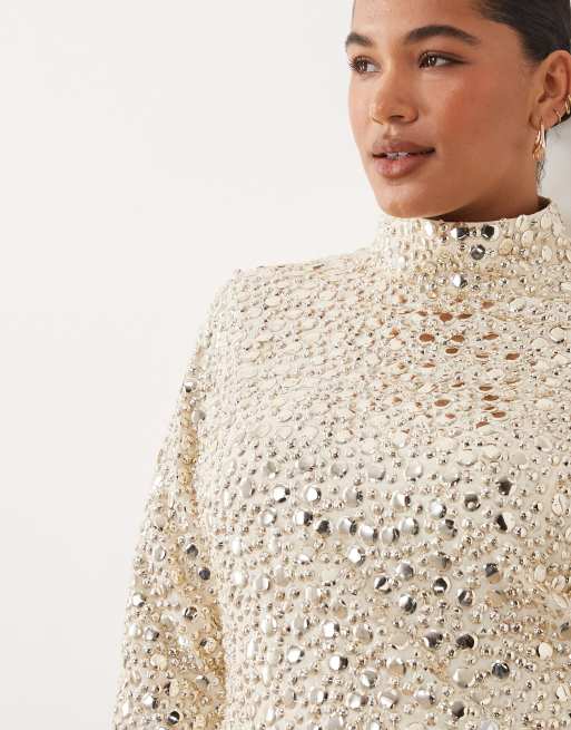 ARRANGE Curve textural sequin high neck long sleeve maxi dress in buttermilk, 3 of 4