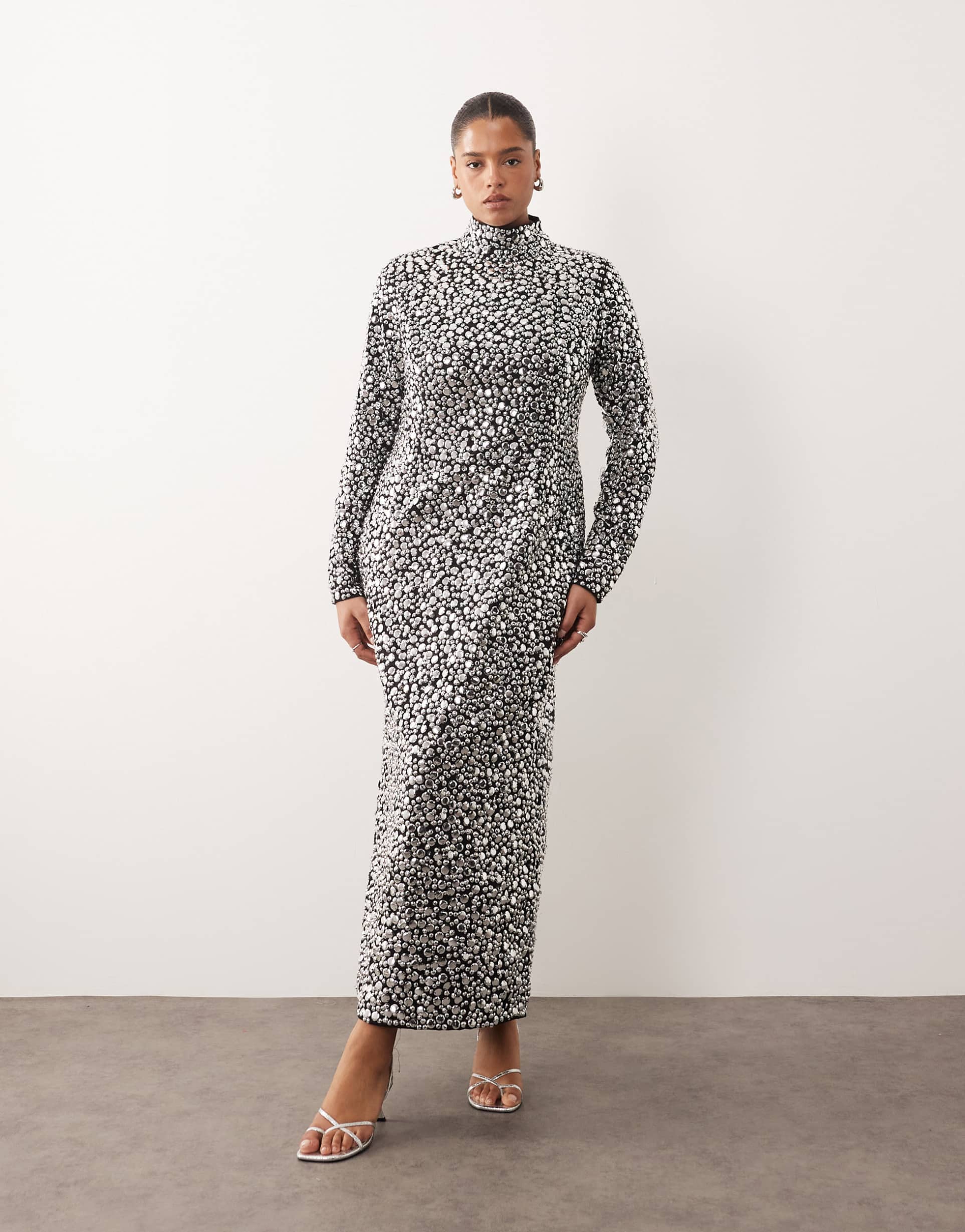 arrange curve textural sequins high neck long sleeve maxi dress in black