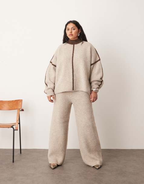 ARRANGE Curve thick rib knit high neck jumper with contrast and pants set in oatmeal and chocolate - view 1