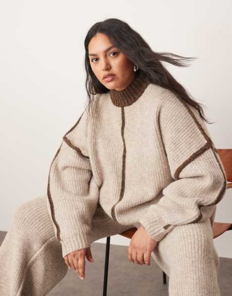 ARRANGE Curve thick rib knit high neck jumper with contrast in oatmeal and chocolate (part of a set) - view 1