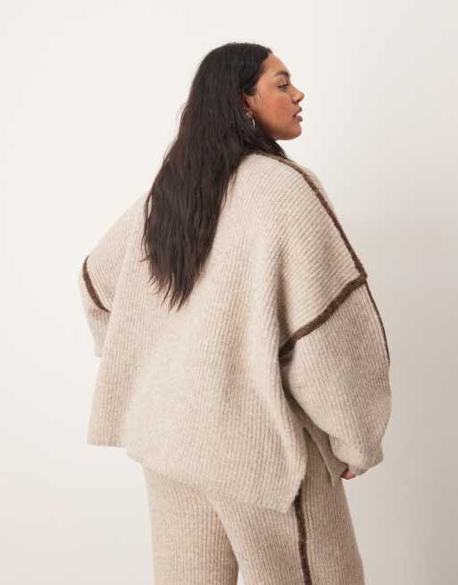 ARRANGE Curve thick ribbed knit high neck sweater with contrast in oatmeal and chocolate - part of a set