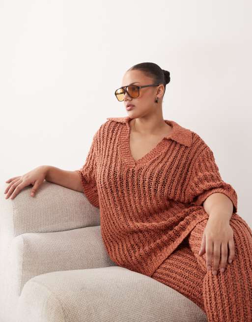 ARRANGE Curve - Top all'uncinetto color terracotta con colletto in coordinato