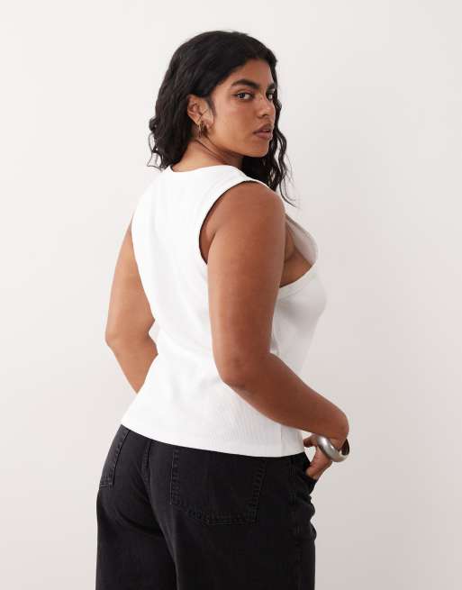 ARRANGE Curve - Top blanco de tirantes de canalé con ribete de algodón sin rematar premium, 4 de 4
