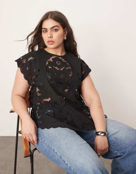 ARRANGE Curve - Top en coton avec broderies ajourées et liens noués sur les côtés - Noir - view 1
