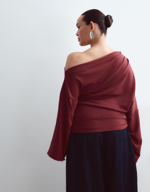 ARRANGE Curve top in jersey con spalle scoperte, maniche lunghe e fondo arricciato bordeaux, 4 di 4