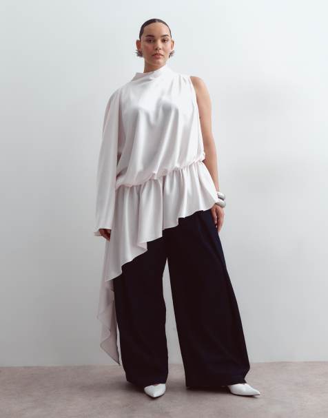 ARRANGE Curve top lungo in raso a balze asimmetriche color perla - view 1