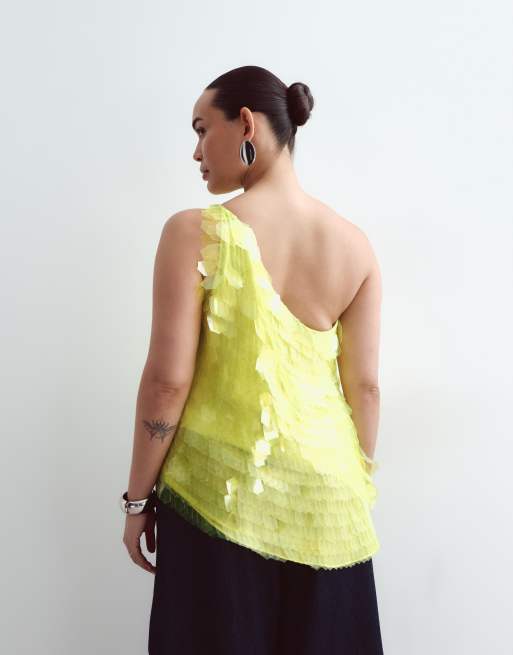 ARRANGE Curve top med pailletter, shard og én skulder i lime, 3 af 4