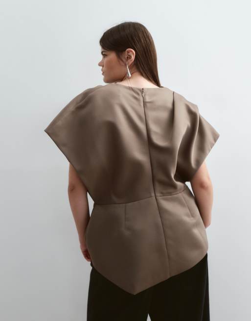ARRANGE Curve Top mit Wasserfallausschnitt und Drapierung, asymmetrischer Saum, schokobraun, 4 von 5