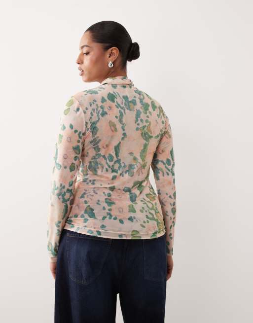 ARRANGE Curve - Top premium a maniche lunghe accollato in rete rosa con stampa floreale astratta, 4 di 4