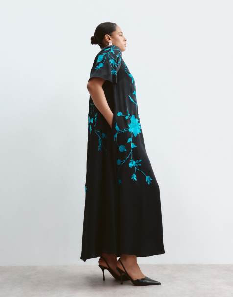 ARRANGE Curve trailing wisteria embroidered satin t-shirt maxi dress in black - view 1