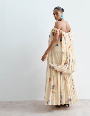 Arrange Curve Trapeze Bardot Maxi Dress With Cape Back In Brown