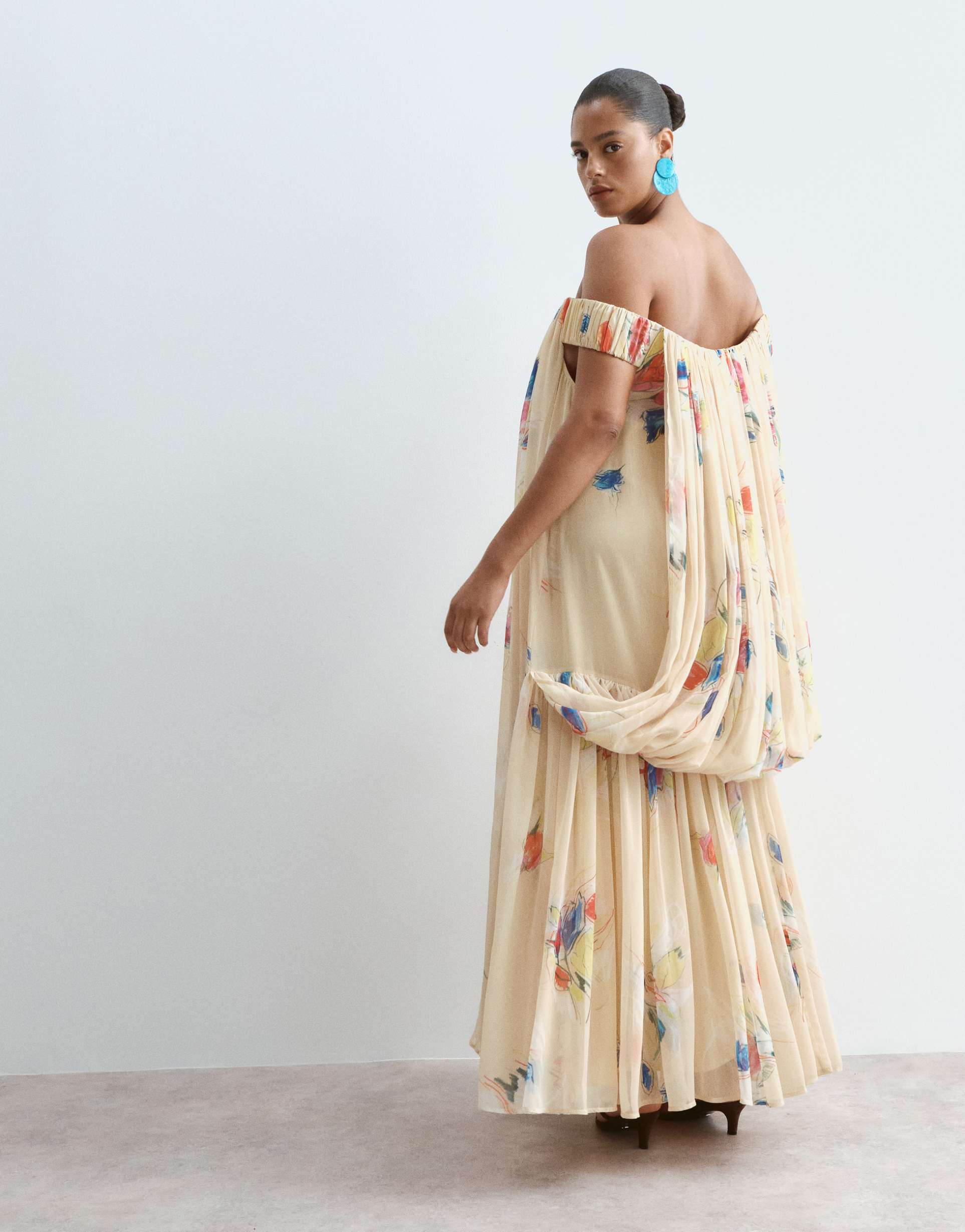 arrange curve trapeze bardot maxi dress with cape back in yellow floral print