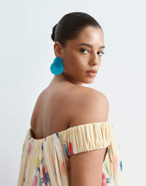 ARRANGE Curve trapeze bardot maxi dress with cape back in yellow floral print, 2 of 4