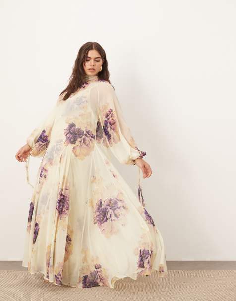 ARRANGE Curve high neck trapeze maxi dress in painterly floral