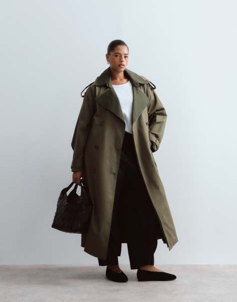 ARRANGE Curve two tone lapel double breasted trench coat in khaki - view 1