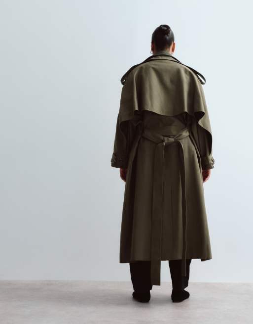 ARRANGE Curve two tone lapel double breasted trench coat in khaki, 3 of 4
