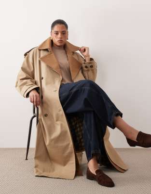 ARRANGE Curve two tone lapel double breasted trench coat in tan