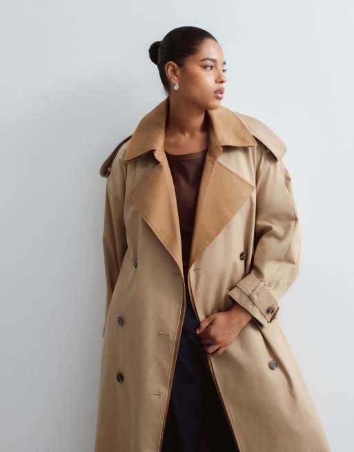 ARRANGE Curve two tone lapel double breasted trench coat in tan, 2 of 4