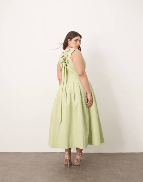 ARRANGE  Curve structured plunge midi dress with eyelet detail in pistachio green