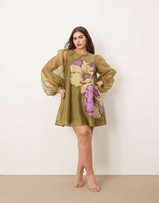 ARRANGE Curve - Vestito corto svasato verde con fiori applicati e maniche voluminose, 2 di 4