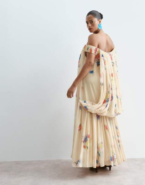 ARRANGE Curve - Vestito lungo a trapezio con scollo alla Bardot e retro a mantella giallo a fiori - view 1