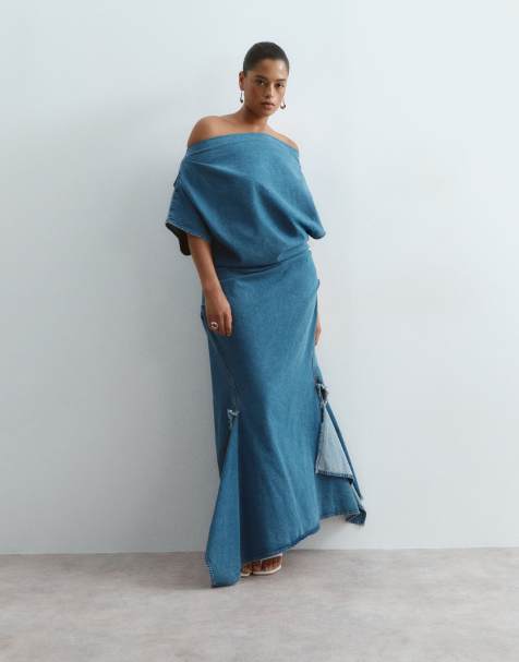 ARRANGE Curve - Vestito lungo drappeggiato in denim lavaggio blu medio - view 1
