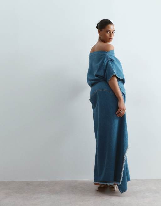 ARRANGE Curve - Vestito lungo drappeggiato in denim lavaggio blu medio, 3 di 4