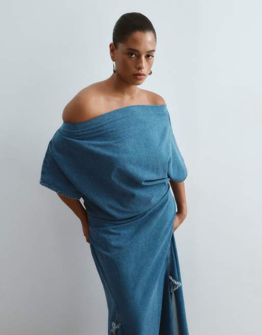 ARRANGE Curve - Vestito lungo drappeggiato in denim lavaggio blu medio, 4 di 4