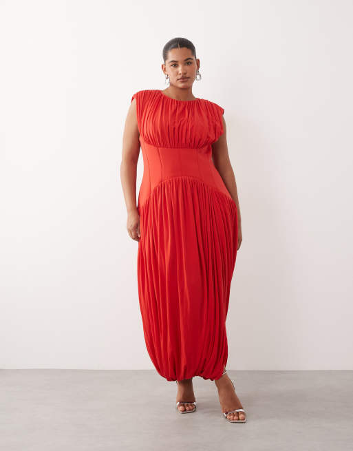 ARRANGE Curve - Vestito lungo drappeggiato raccolto rosso con vita stretta, 2 di 4