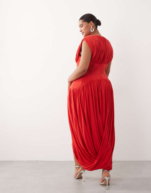 ARRANGE Curve - Vestito lungo drappeggiato raccolto rosso con vita stretta, 4 di 4