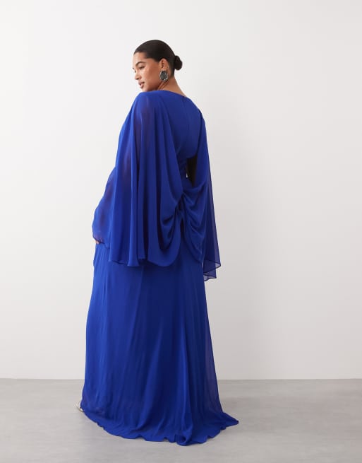 ARRANGE Curve - Vestito lungo drappeggiato stile greco blu cobalto con maniche a mantella e vita scesa, 4 di 4