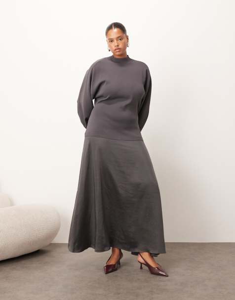 ARRANGE Curve - Vestito lungo ibrido grigio antracite con maniche sagomate - view 1