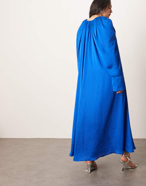 ARRANGE Curve - Vestito lungo in raso blu cobalto drappeggiato, 3 di 4