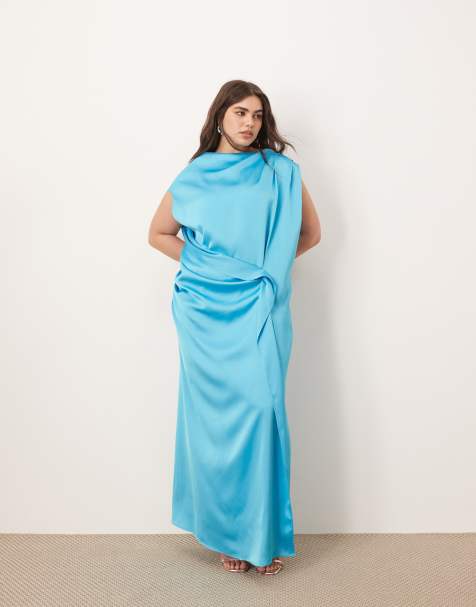 ARRANGE Curve - Vestito lungo in raso color blu acceso con drappeggio laterale e spalle scoperte - view 1