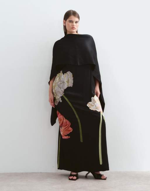 ARRANGE Curve vestito lungo nero con ricamo floreale e sovrapposizione in raso, 5 di 5