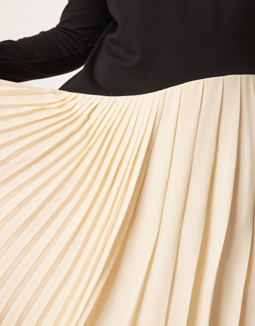 ARRANGE Curve - Vestito lungo sagomato nero con gonna a pieghe e tessuto a contrasto, 4 di 4