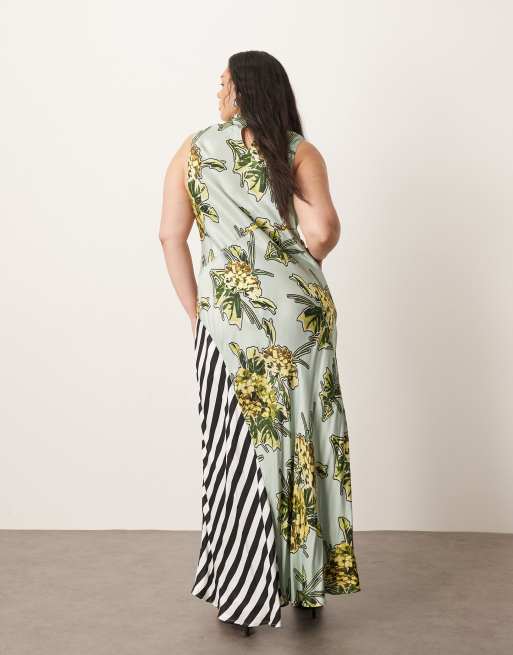 ARRANGE Curve - Vestito lungo senza maniche con stampa a righe e a fiori e scollo ad anello, 3 di 4