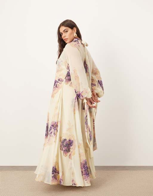 ARRANGE Curve - Vestito lungo svasato accollato con fiori stile dipinto, 3 di 4