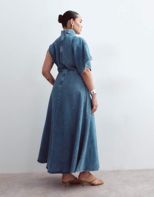 ARRANGE Curve vestito maxi in denim con cuciture a vista lavaggio medio blu, 3 di 4